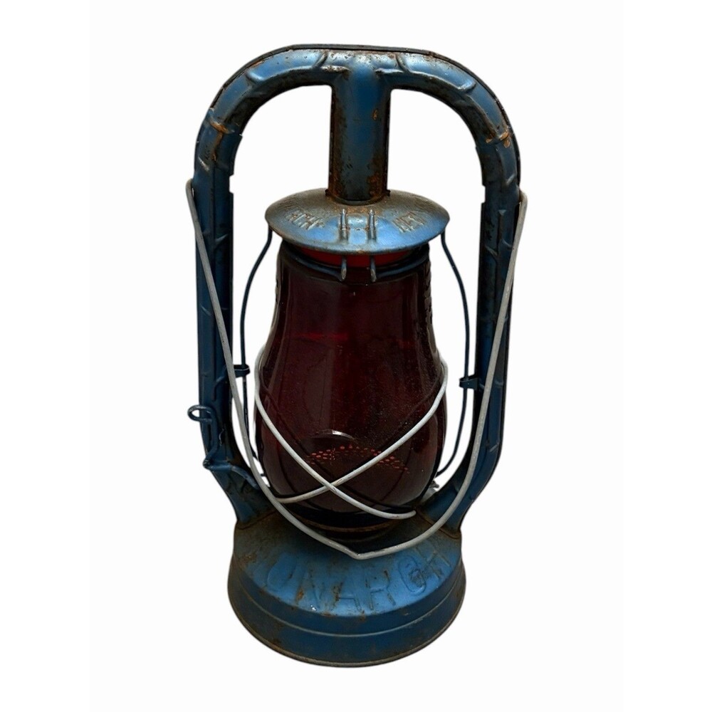 Antique Dietz Monarch Railroad Lantern Blue New York USA Red Globe Fitzall Oil